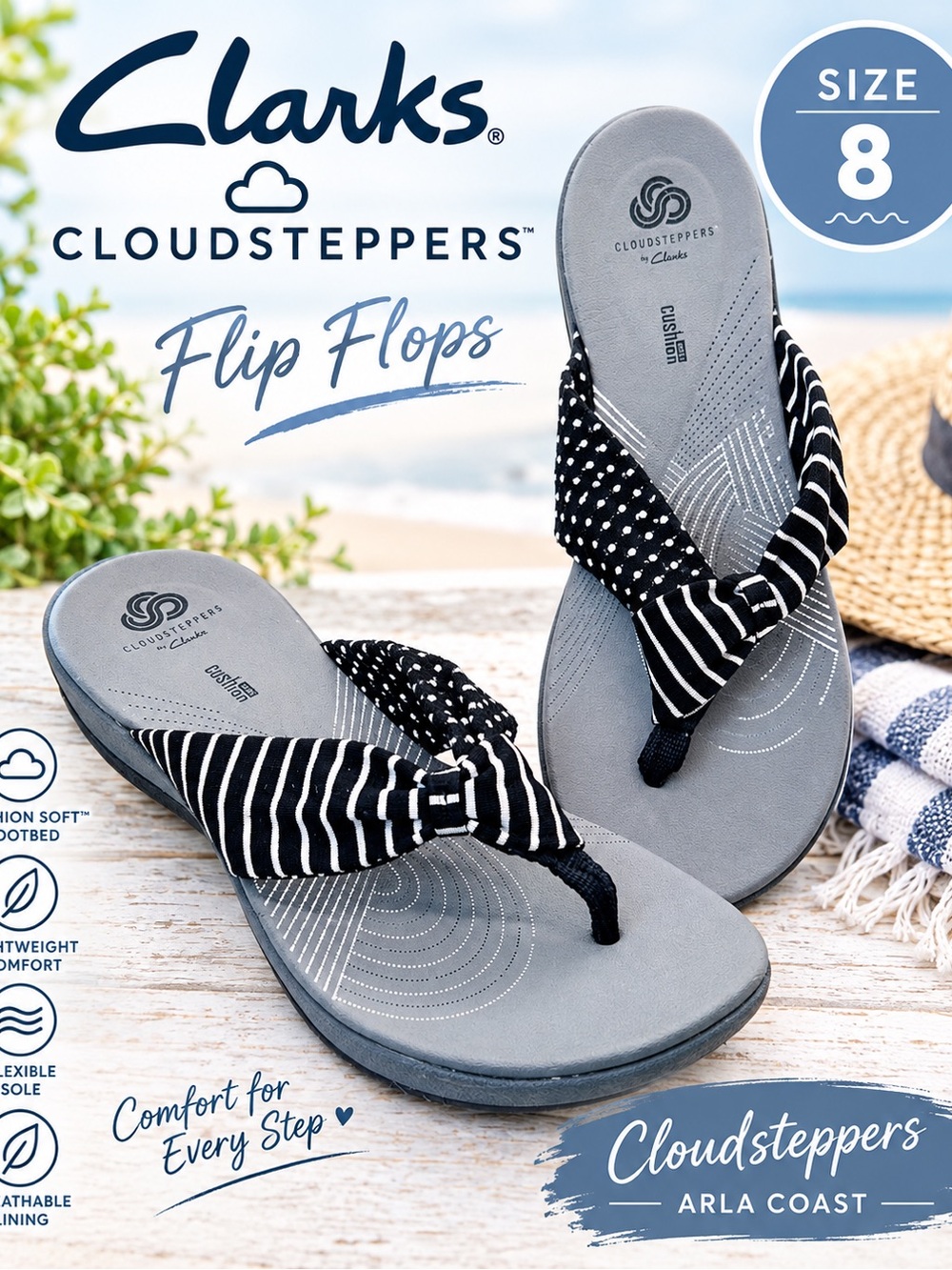 Clarks Arla Glison Cloudsteppers Flip Flops Black Comfort Sandals Women’s 8 M